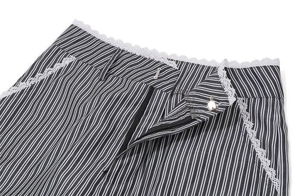 Ruched striped zip-up lace hem medium rise pant