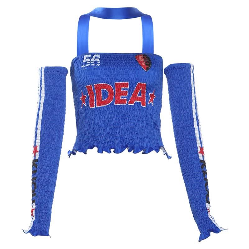 Halter gloves smocked ruffle letter print tube top