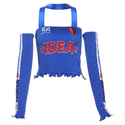 Halter gloves smocked ruffle letter print tube top