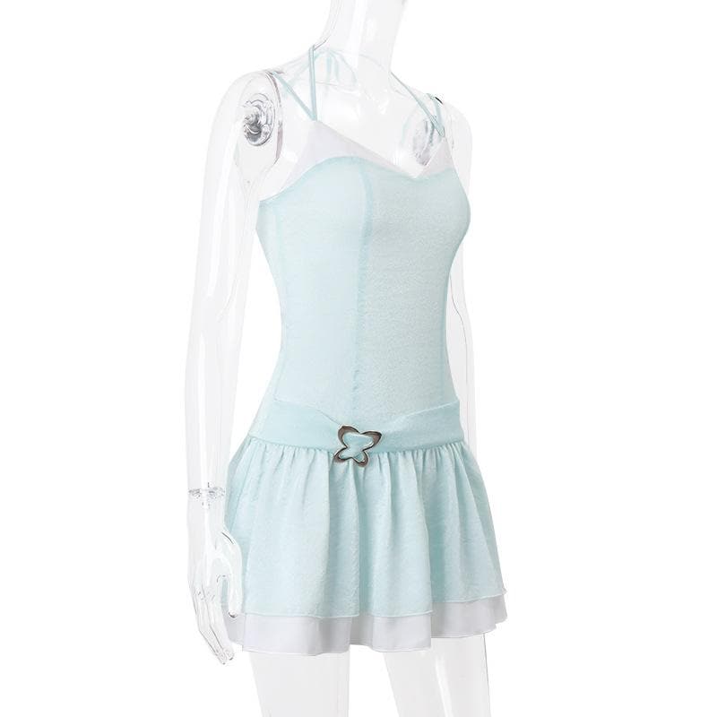Halter metal butterfly patchwork zip-up cami mini dress