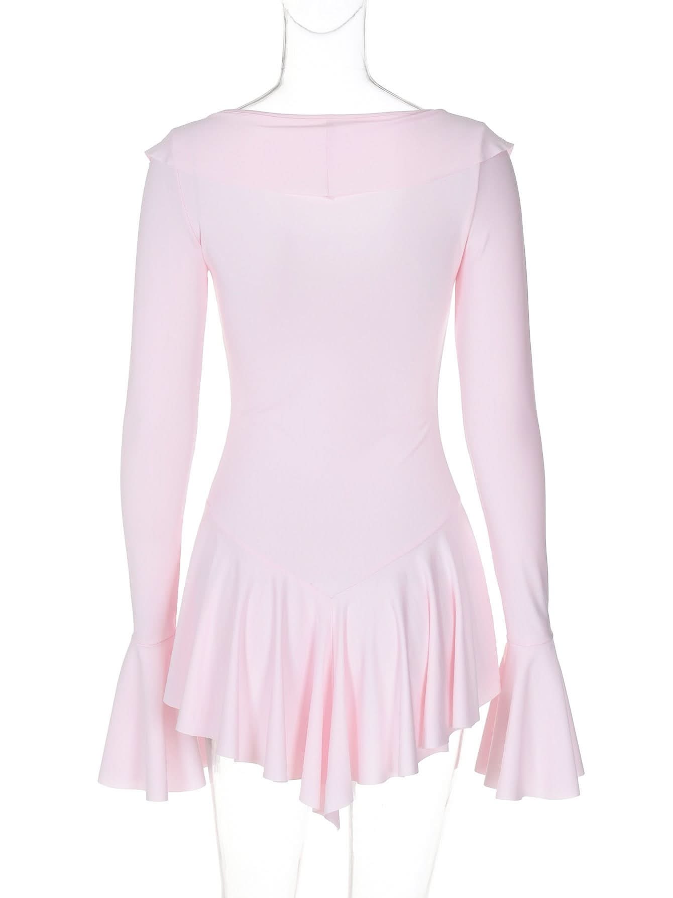 V neck long flared sleeve self tie ruffle mini dress