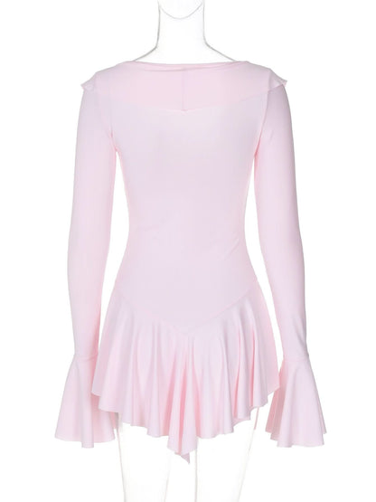 V neck long flared sleeve self tie ruffle mini dress