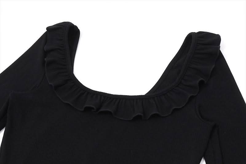 U neck long sleeve ruched ruffle mini dress