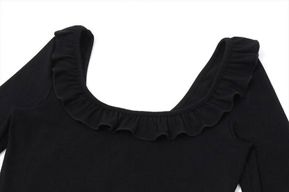U neck long sleeve ruched ruffle mini dress