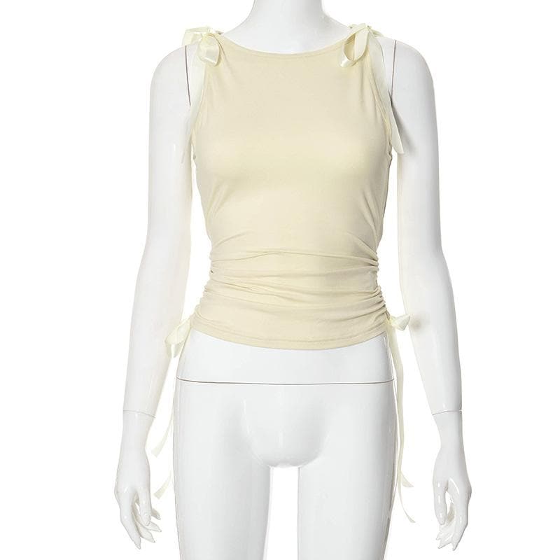 Bowknot ribbon drawstring ruched sleeveless top