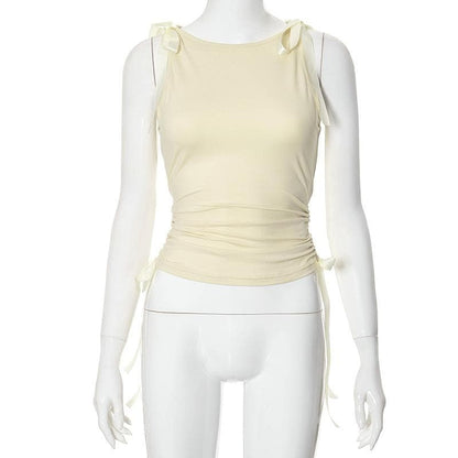 Bowknot ribbon drawstring ruched sleeveless top