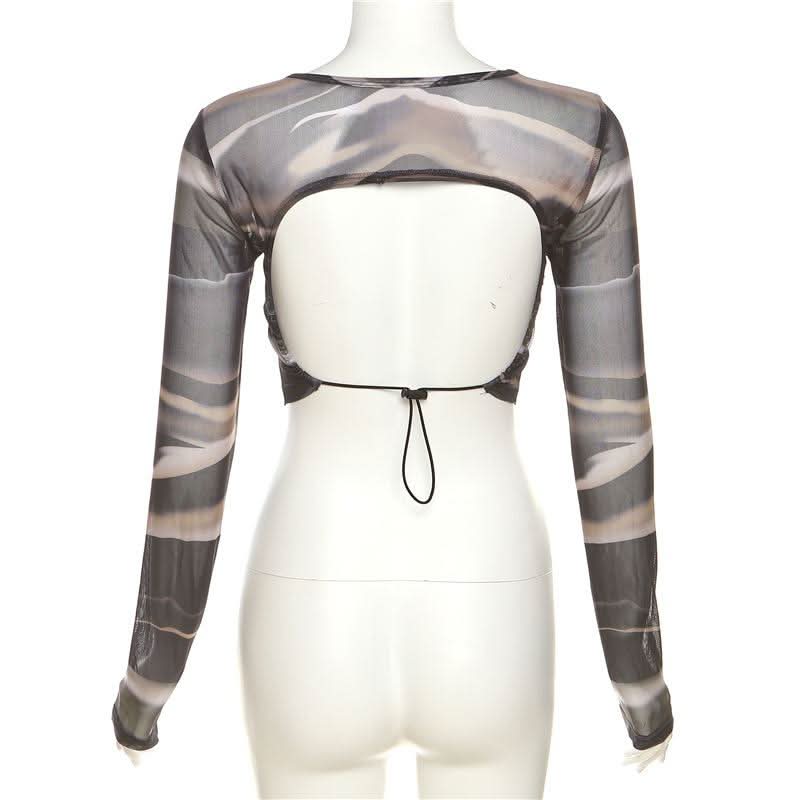 Long sleeve crewneck mesh backless crop top