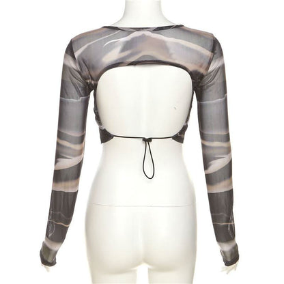 Long sleeve crewneck mesh backless crop top