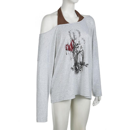 Halter off shoulder long sleeve abstract print top
