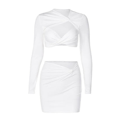 Knotted hollow out solid ruched long sleeve mini skirt set