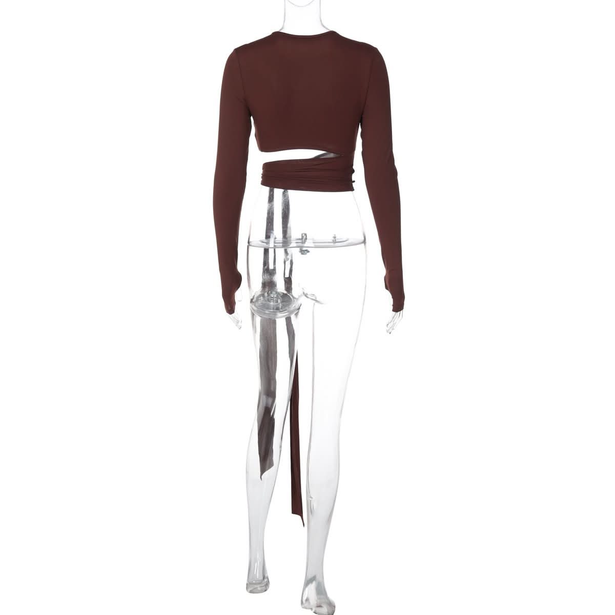 Long sleeve crewneck hollow out knotted cut out top
