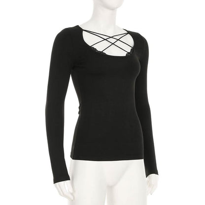 Cross front lace hem long sleeve hollow out cut out top