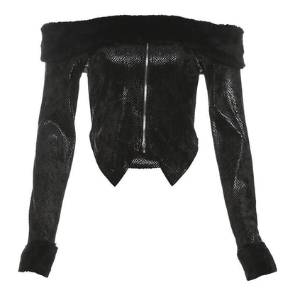 Off shoulder long sleeve fluffy zip-up solid top
