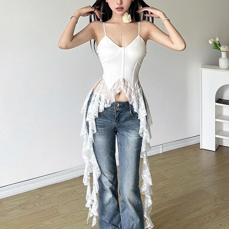 Lace v neck patchwork ruffle solid cami top