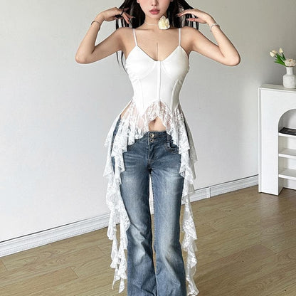 Lace v neck patchwork ruffle solid cami top