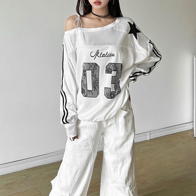 Irregular long sleeve self tie print contrast top