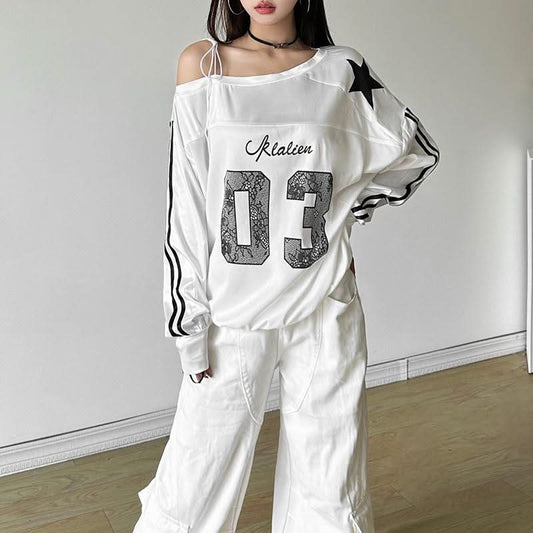 Irregular long sleeve self tie print contrast top