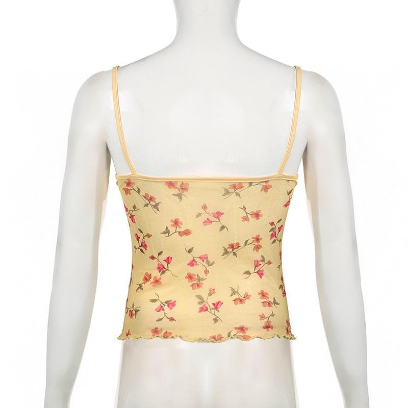 V neck lace hem flower print mesh ruffle cami top