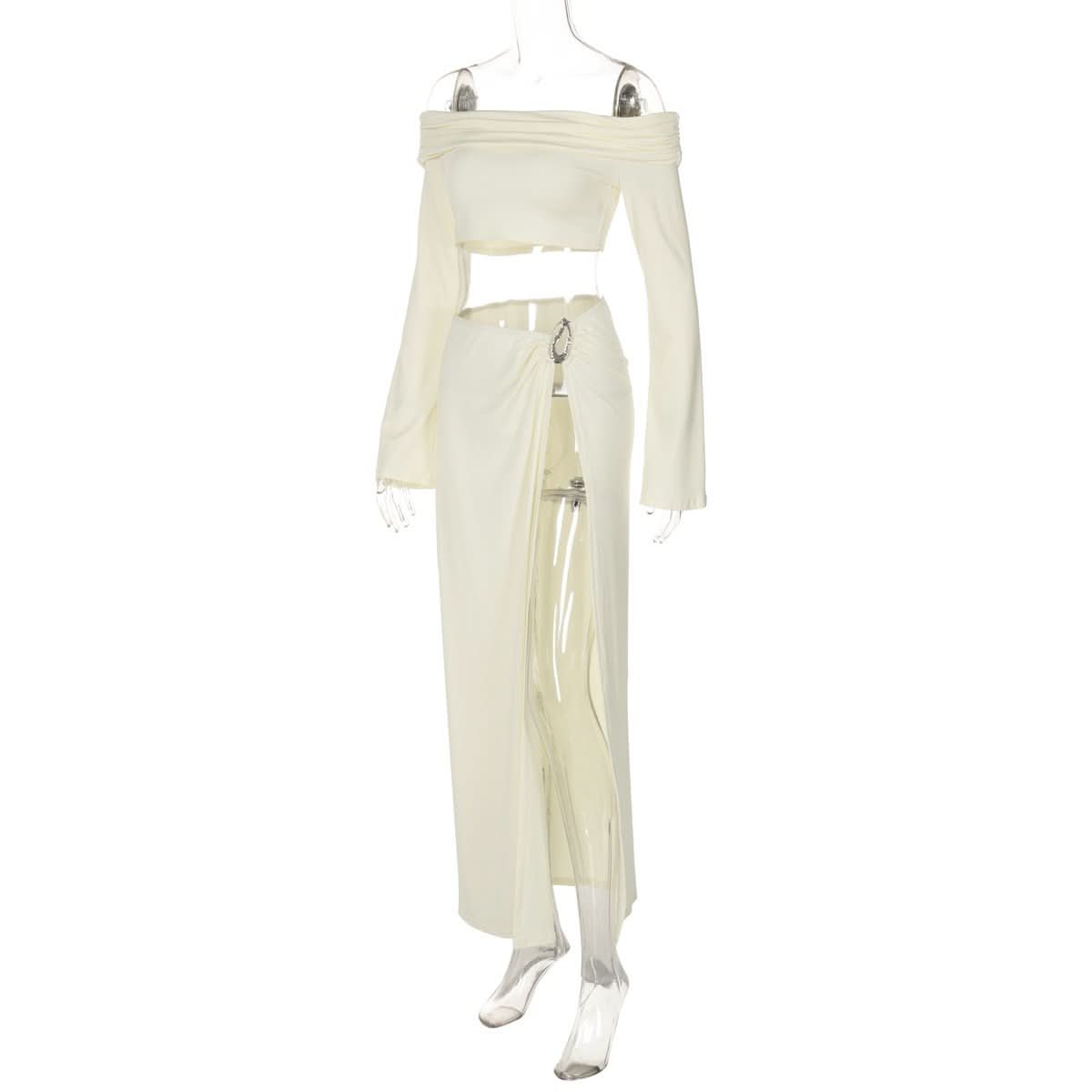 Off shoulder long sleeve o ring slit maxi dress