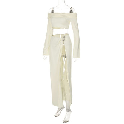 Off shoulder long sleeve o ring slit maxi dress