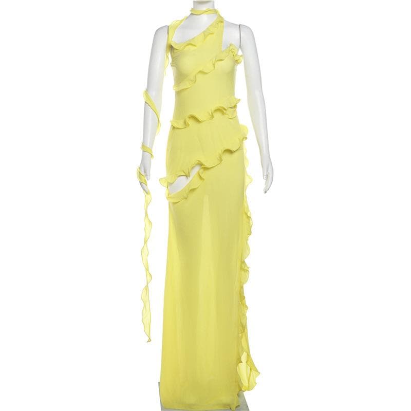 One shoulder ruffle irregular high slit maxi dress