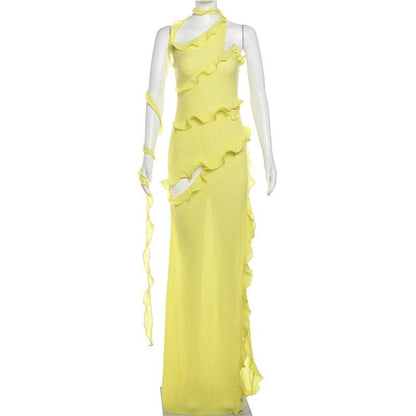 One shoulder ruffle irregular high slit maxi dress
