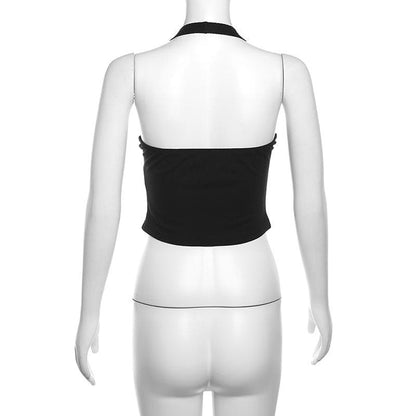 Halter u neck flower applique hollow out crop cut out top