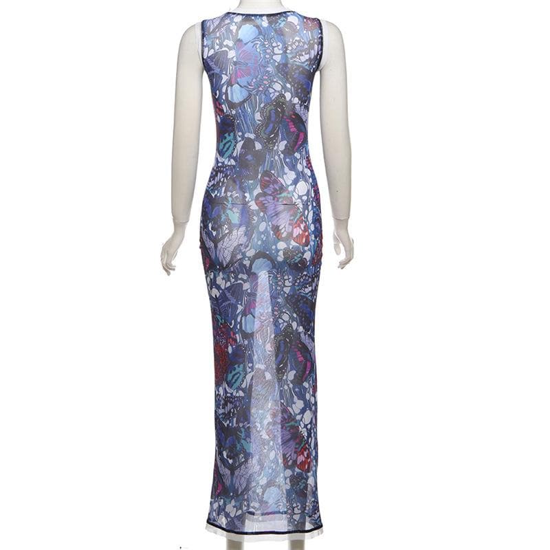Sleeveless crewneck lace up print sheer mesh maxi dress