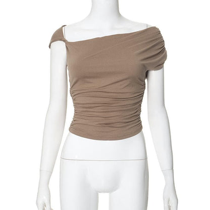 Short sleeve irregular ruched solid top