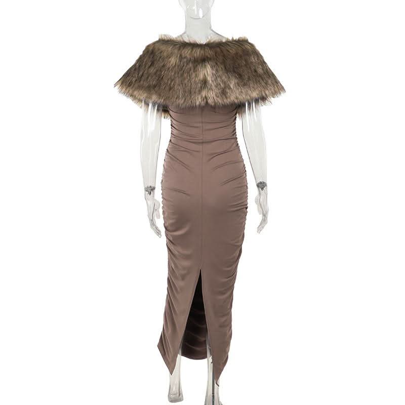 Ruched fluffy shrug slit cami maxi dress