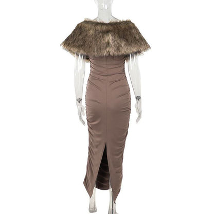 Ruched fluffy shrug slit cami maxi dress