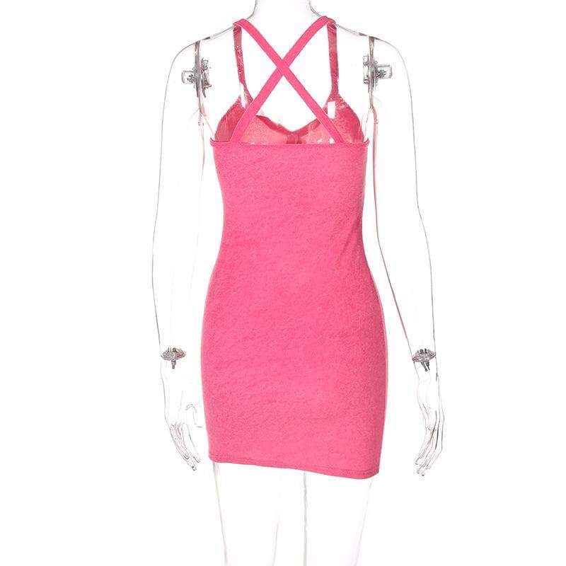 Deep V Cross Back Button Front Textured Mini Dress