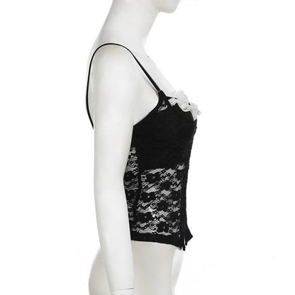 Lace backless button bowknot cami top