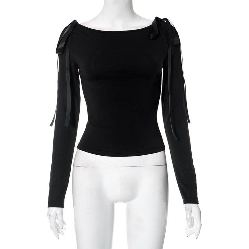 Bowknot solid long sleeve off shoulder 2-way top