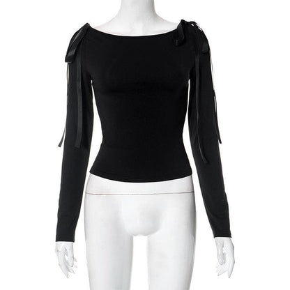 Bowknot solid long sleeve off shoulder 2-way top