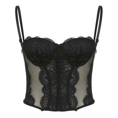 Mesh button lace hem backless bustier cami top