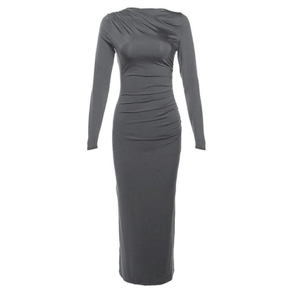Ruched solid long sleeve zip-up maxi dress-final-sale