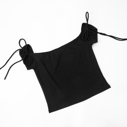 Off shoulder self tie solid top