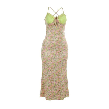 Sweetheart neck lace flower print knotted cami maxi dress