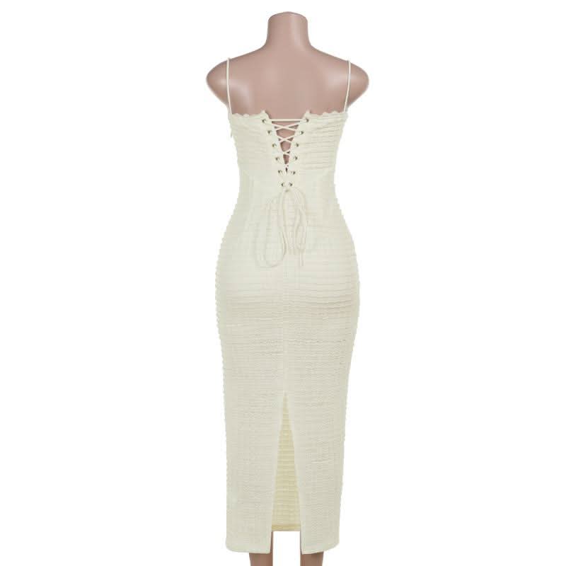 Lace up slit textured spaghetti strap lace hem maxi dress