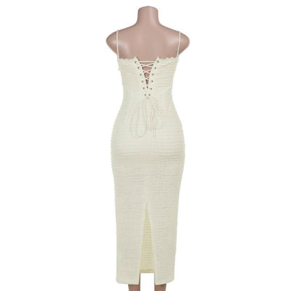 Lace up slit textured spaghetti strap lace hem maxi dress