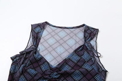 V neck plaid print bowknot crop top