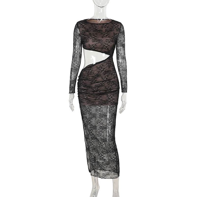 Crewneck long sleeve lace hollow out cut out maxi dress