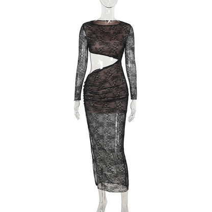 Crewneck long sleeve lace hollow out cut out maxi dress
