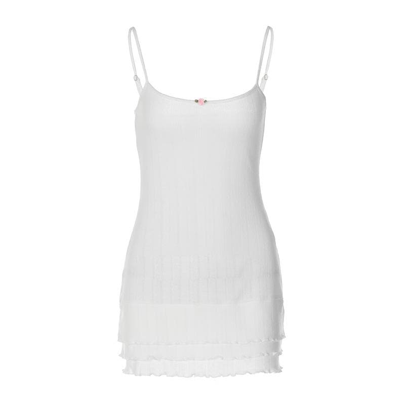 Pointelle Rib Knit Spaghetti Strap Rosebud Applique Tiered Ruffle Mini Dress