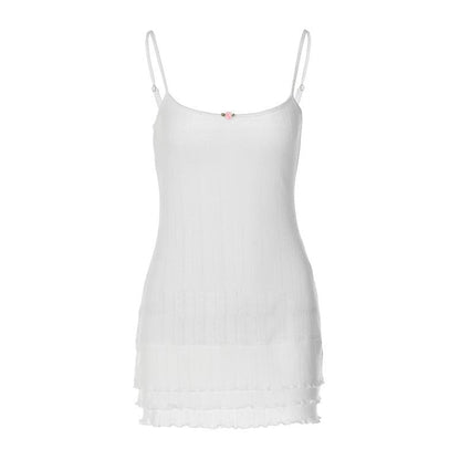 Pointelle Rib Knit Spaghetti Strap Rosebud Applique Tiered Ruffle Mini Dress