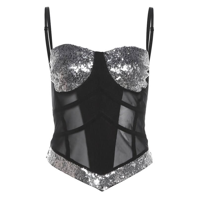Glitter v neck mesh backless cami top