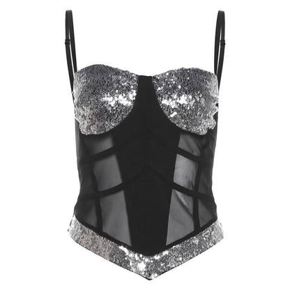 Glitter v neck mesh backless cami top