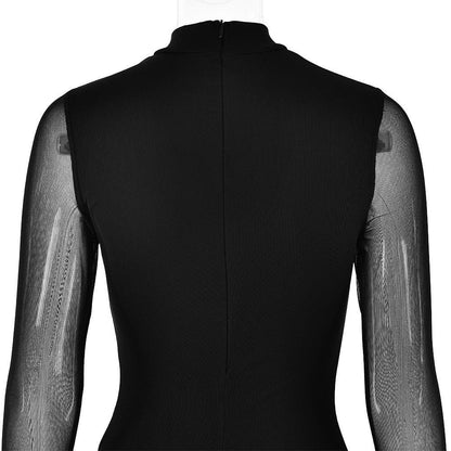 Long sleeve ruched mesh patchwork maxi dress