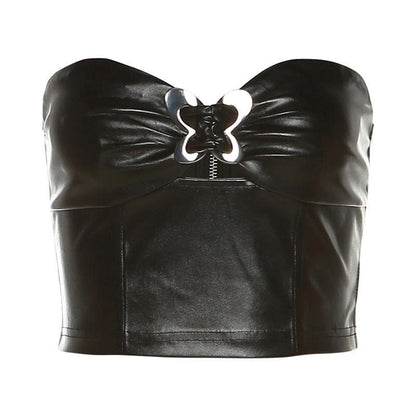 Solid metallic sleeveless zip-up hollow out buckle tube cut out top